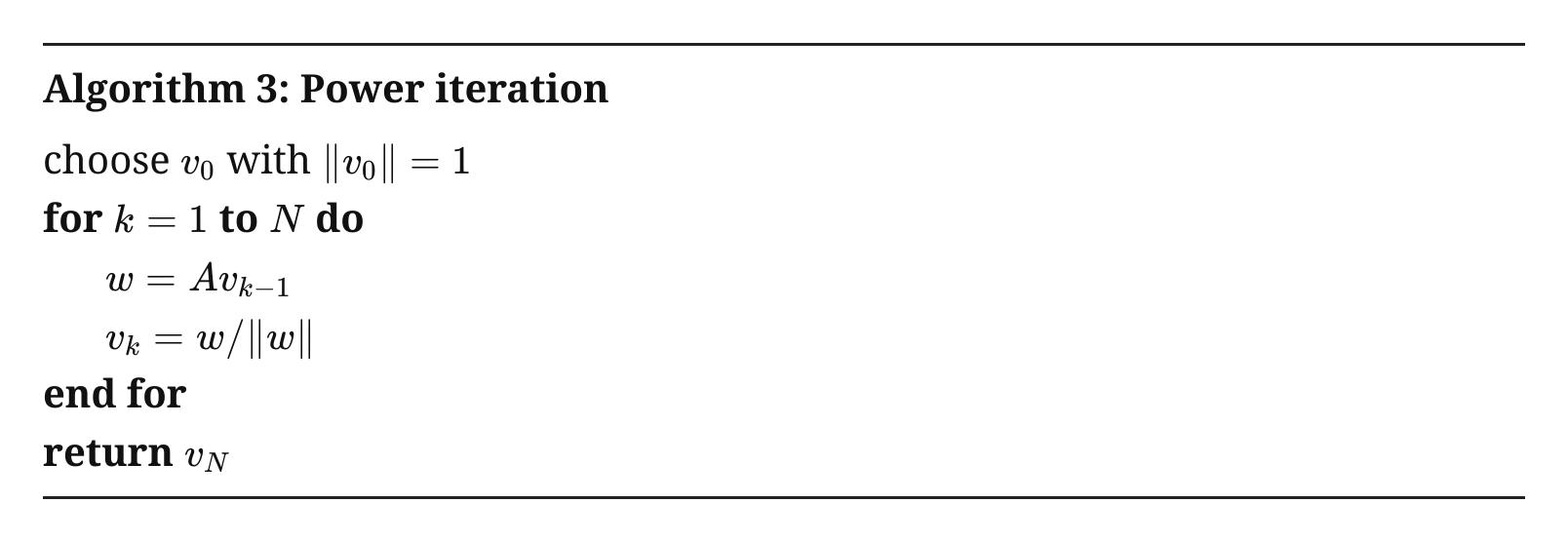 A boxed algorithm listing titled Algorithm 3, Power iteration, with six lines of pseudocode containing math.
