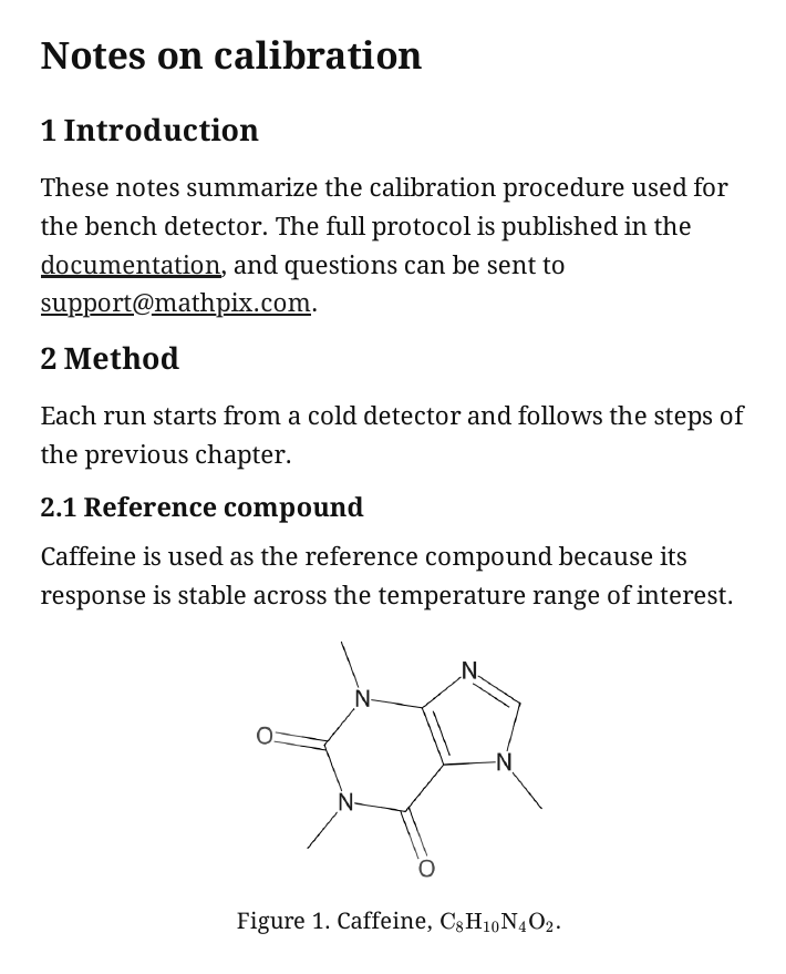 The first page of a short document titled Notes on calibration, with numbered sections 1 Introduction, 2 Method and 2.1 Reference compound, a sentence containing two links, and a caffeine structure drawing with a caption.