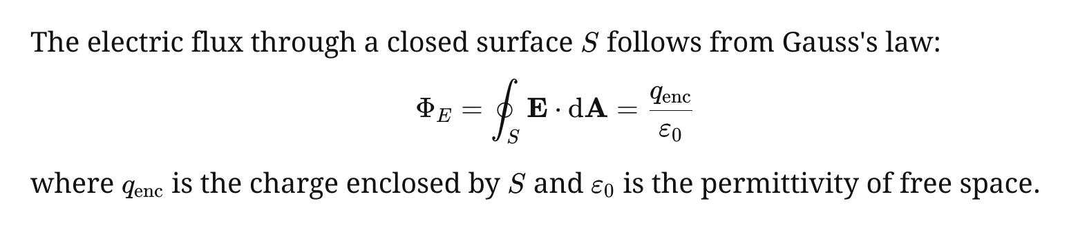 A paragraph introducing Gauss's law, a displayed equation for electric flux, and a closing sentence with inline math.