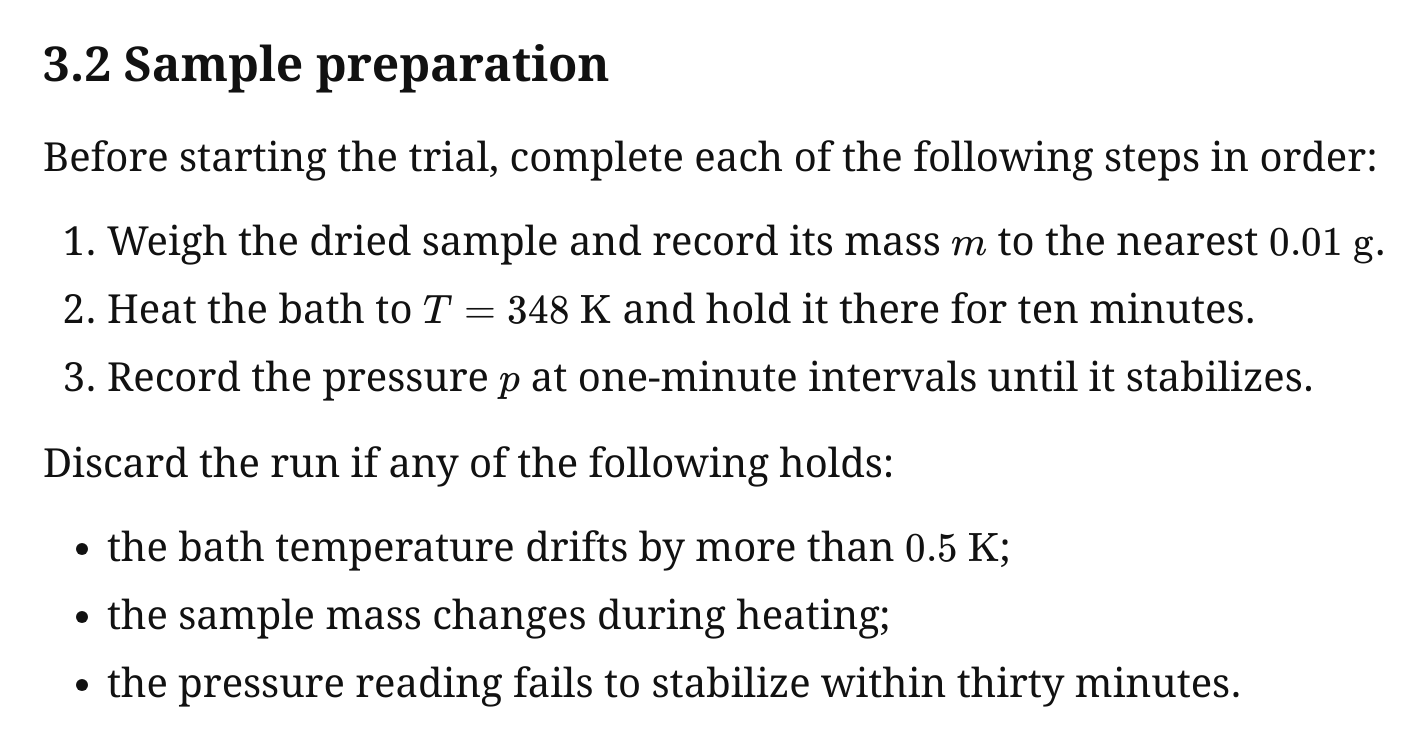 A numbered list of three preparation steps followed by a bulleted list of three discard conditions, with math in several entries.