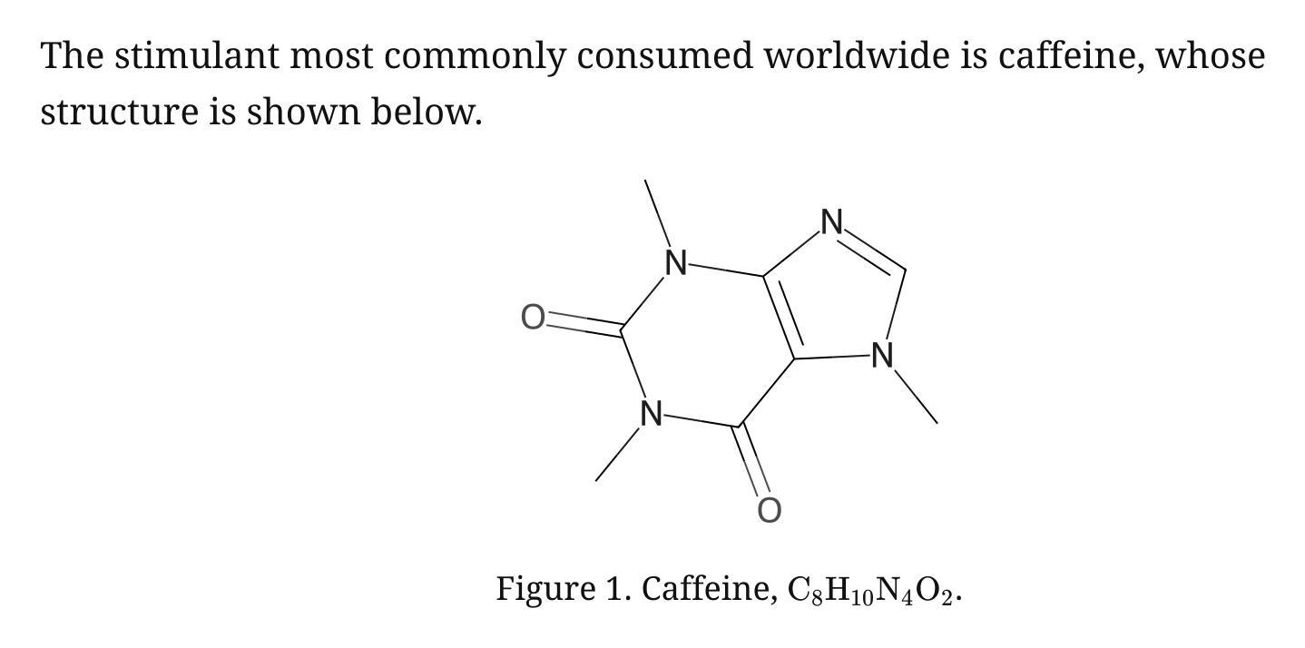 A sentence introducing caffeine, a line drawing of the caffeine molecule, and a caption reading Figure 1, Caffeine, with its molecular formula.