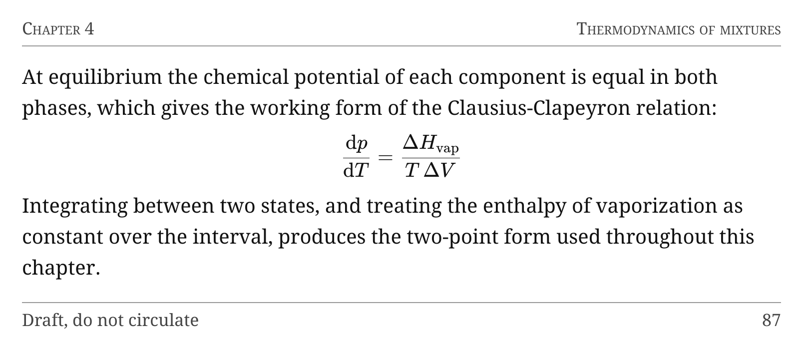 A textbook page with a running head reading Chapter 4 and Thermodynamics of mixtures, a paragraph, a displayed equation, and a footer with a page number.
