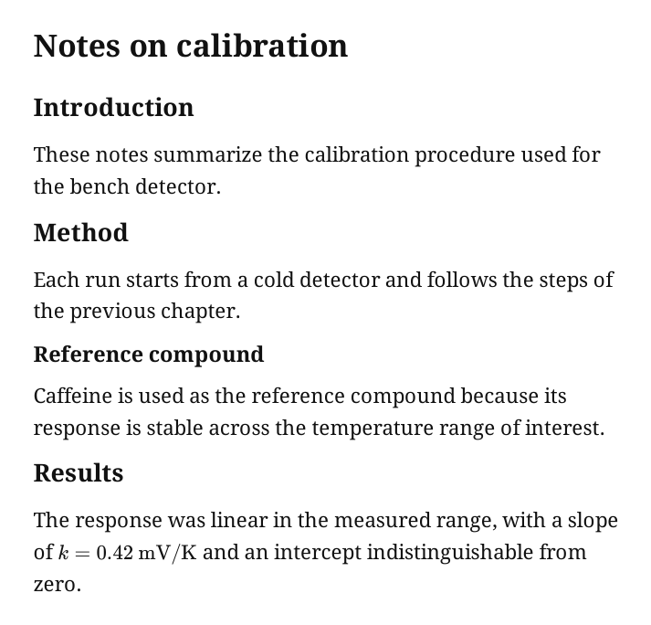 A one page document titled Notes on calibration with the headings Introduction, Method, Reference compound and Results, none of them numbered.